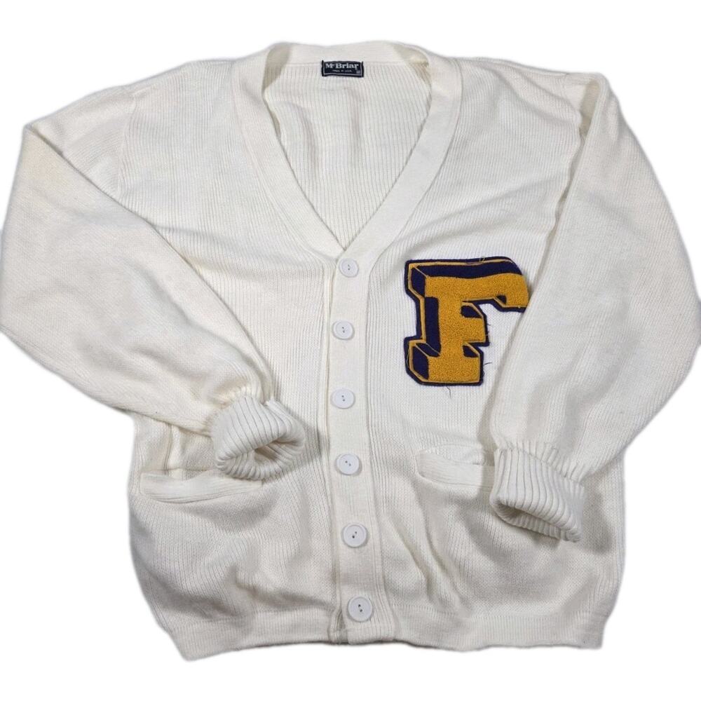 Vintage 60s F Letterman Cardigan Sweater Size Medium White